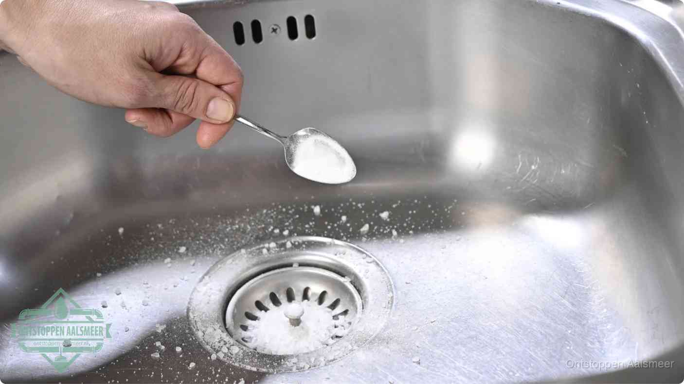 Een hand strooit met een lepel soda in de afvoer van een roestvrijstalen spoelbak, de soda en azijn huismiddel-methode om de afvoer te ontstoppen in Aalsmeer