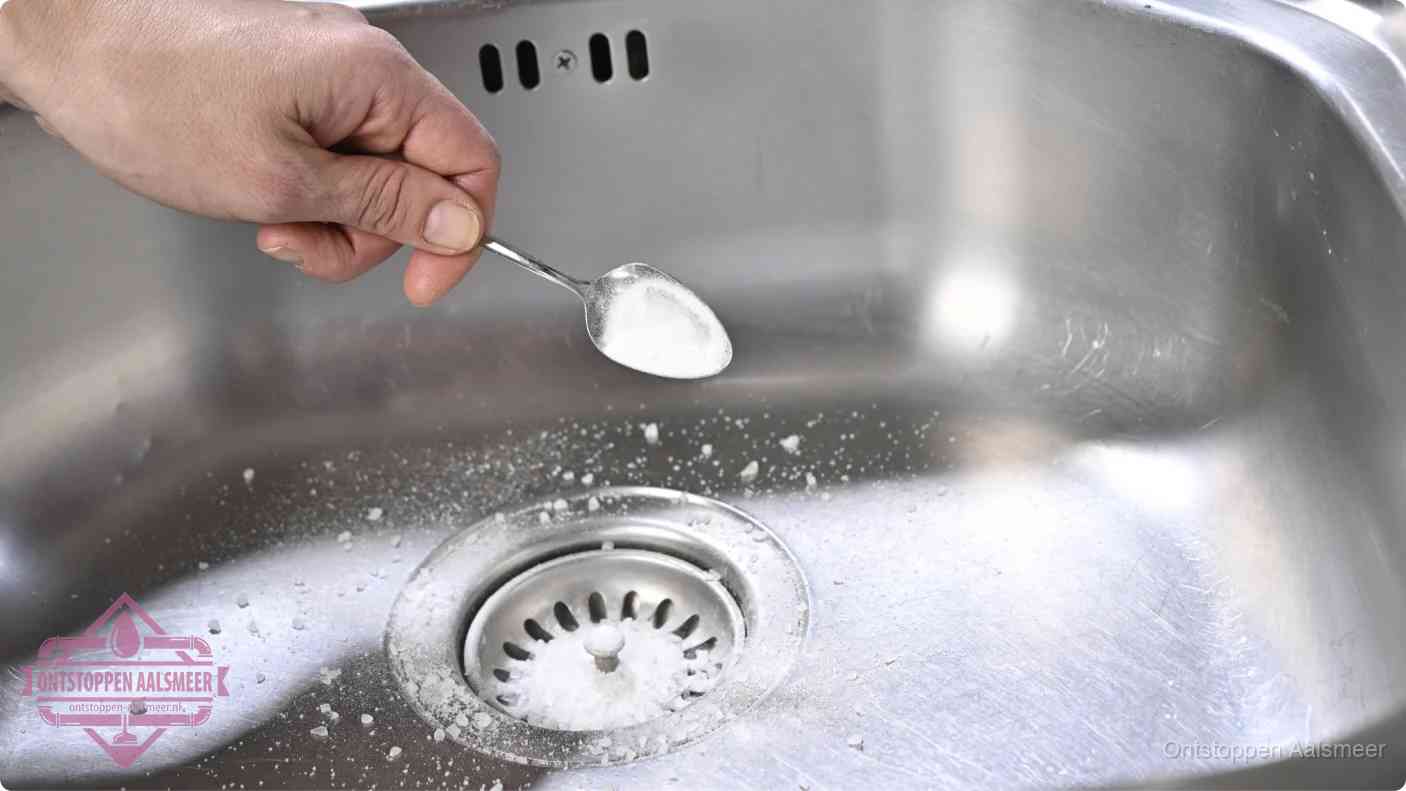 Een hand strooit met een lepel soda in het afvoerputje van een rvs spoelbak, de soda en azijn huismiddel-methode in Aalsmeer