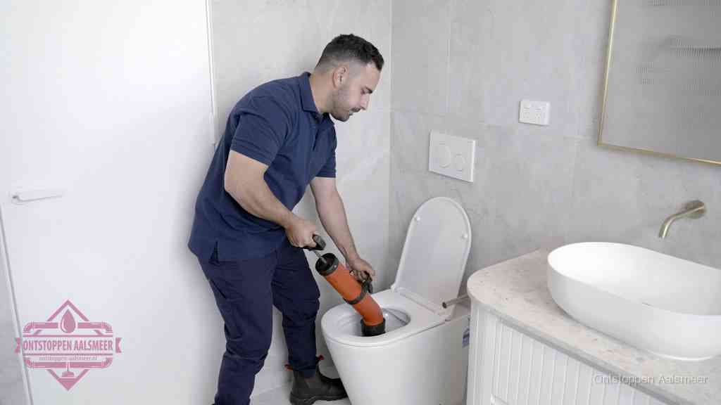 Een monteur gebruikt een handmatige perspomp (toiletontstopper) op een wandcloset tijdens het professioneel wc ontstoppen in Aalsmeer